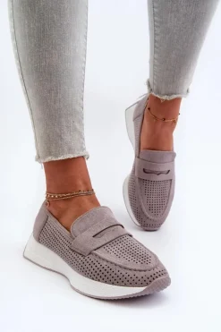 Mokasyny Damskie Na Platformie Eko Zamszowe Szare Inesqua