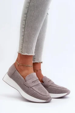 Mokasyny Damskie Na Platformie Eko Zamszowe Szare Inesqua