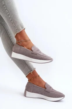 Mokasyny Damskie Na Platformie Eko Zamszowe Szare Inesqua