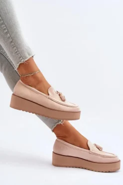 Mokasyny Damskie Na Platformie Z Frędzlami Jasnobeżowe Mialani