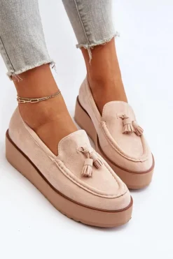Mokasyny Damskie Na Platformie Z Frędzlami Jasnobeżowe Mialani
