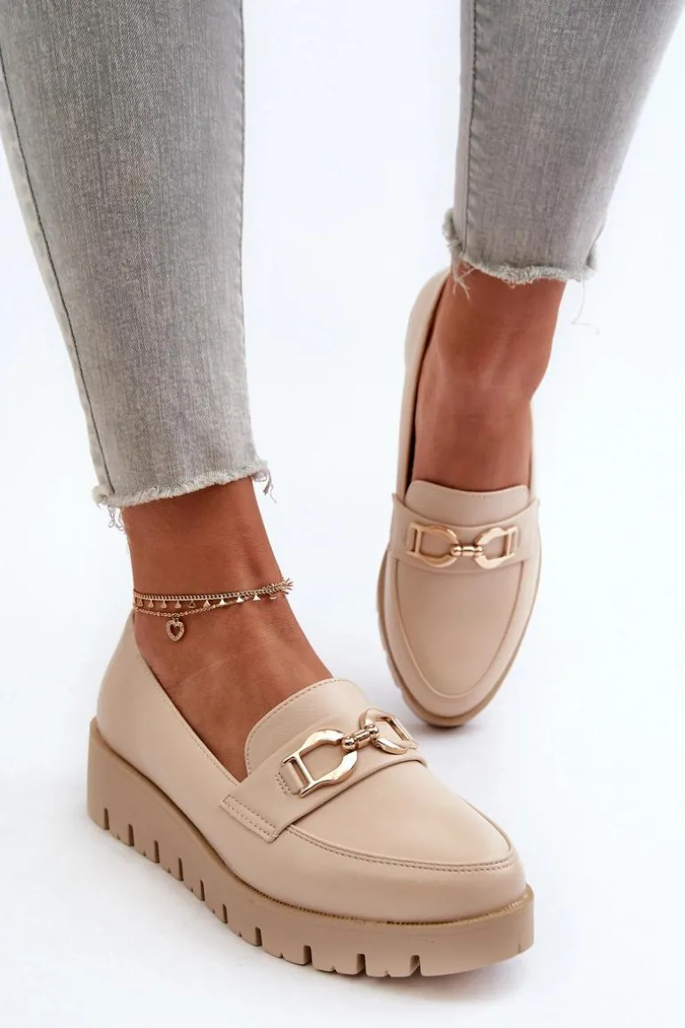 Mokasyny Damskie Na Platformie Z Ozdobą Jasnobeżowe Kaldina