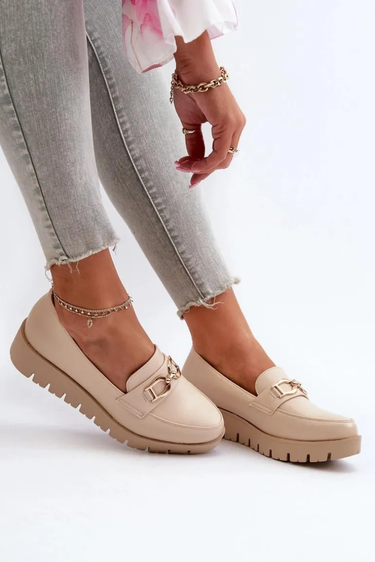 Mokasyny Damskie Na Platformie Z Ozdobą Jasnobeżowe Kaldina