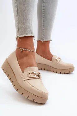 Mokasyny Damskie Na Platformie Z Ozdobą Jasnobeżowe Kaldina