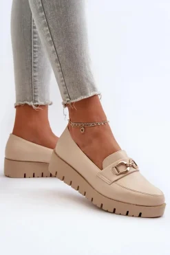 Mokasyny Damskie Na Platformie Z Ozdobą Jasnobeżowe Kaldina