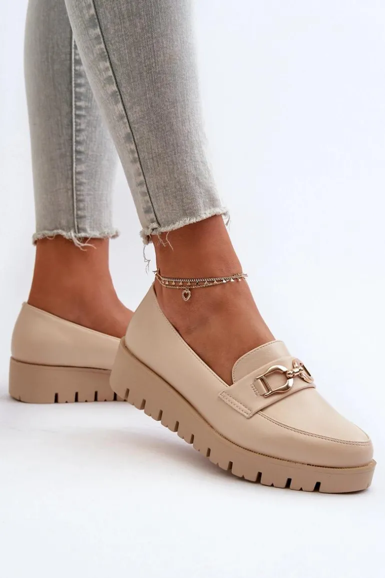 Mokasyny Damskie Na Platformie Z Ozdobą Jasnobeżowe Kaldina
