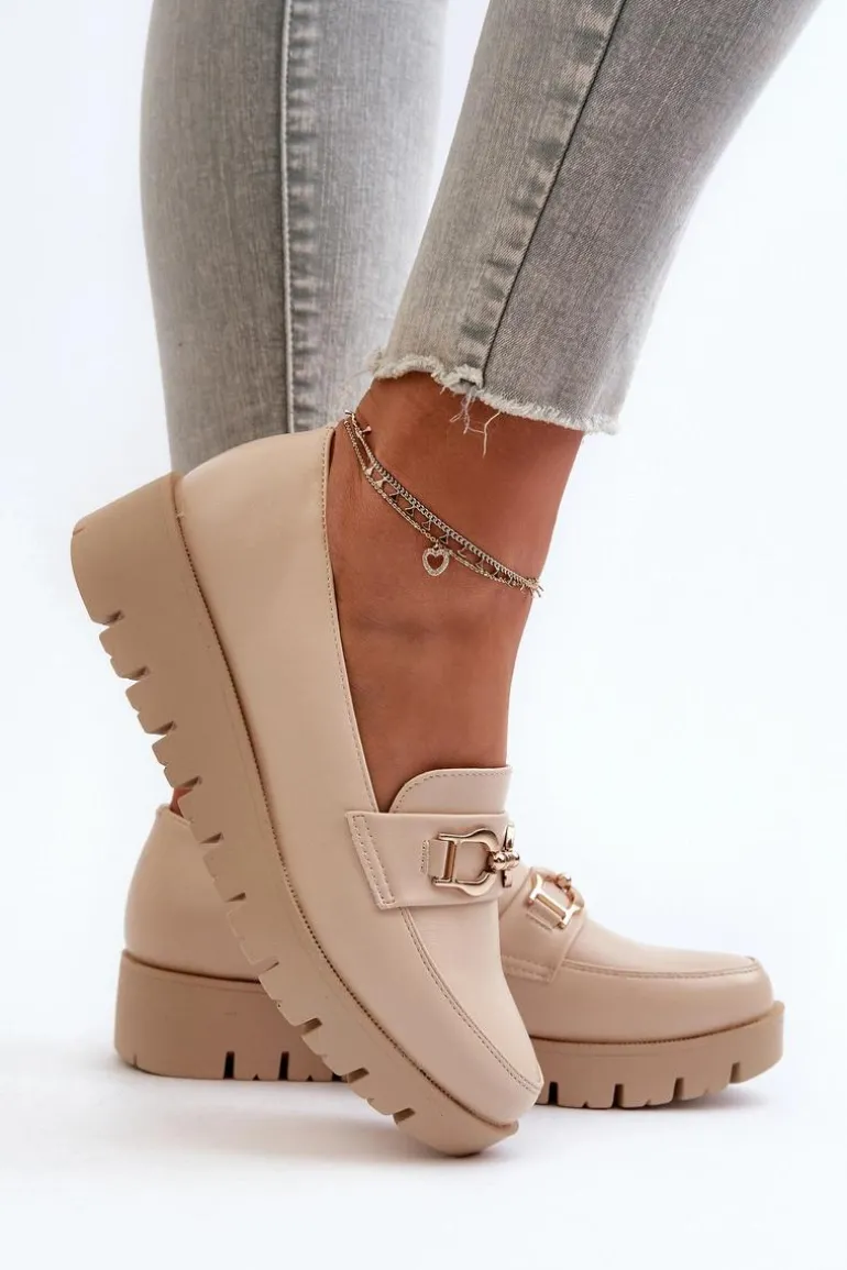 Mokasyny Damskie Na Platformie Z Ozdobą Jasnobeżowe Kaldina