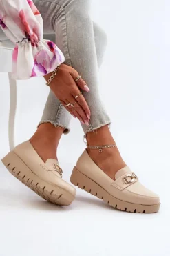 Mokasyny Damskie Na Platformie Z Ozdobą Jasnobeżowe Kaldina