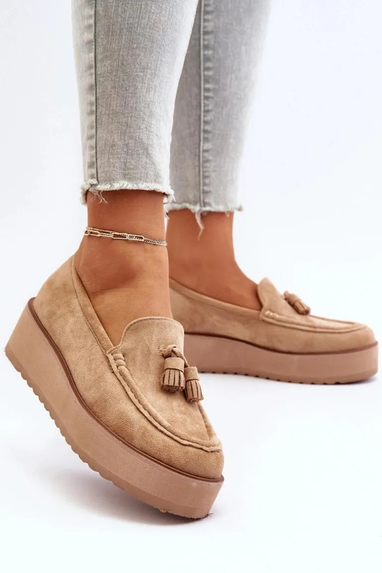 Mokasyny Damskie Na Platformie Z Frędzlami Brązowe Mialani