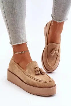 Mokasyny Damskie Na Platformie Z Frędzlami Brązowe Mialani