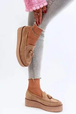 Mokasyny Damskie Na Platformie Z Frędzlami Brązowe Mialani