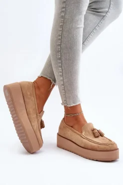 Mokasyny Damskie Na Platformie Z Frędzlami Brązowe Mialani