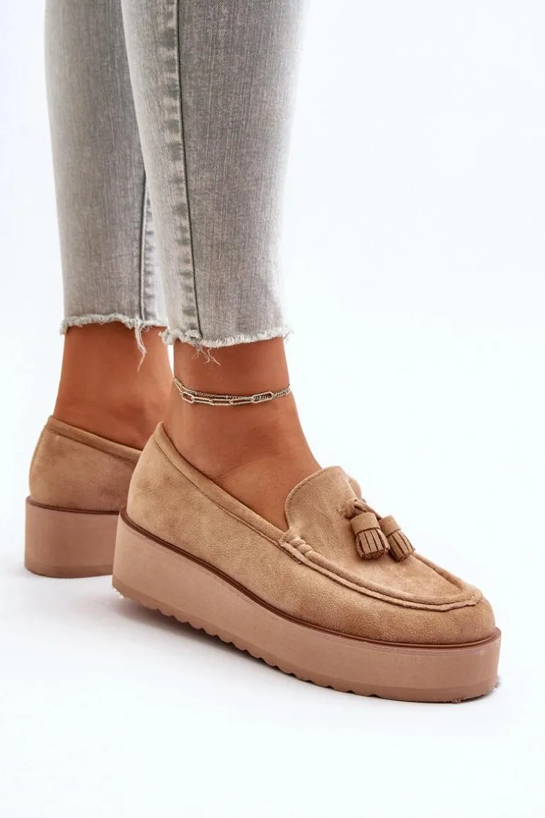 Mokasyny Damskie Na Platformie Z Frędzlami Brązowe Mialani