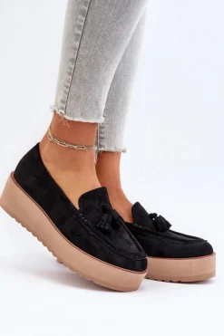 Mokasyny Damskie Na Platformie Z Frędzlami Czarne Mialani