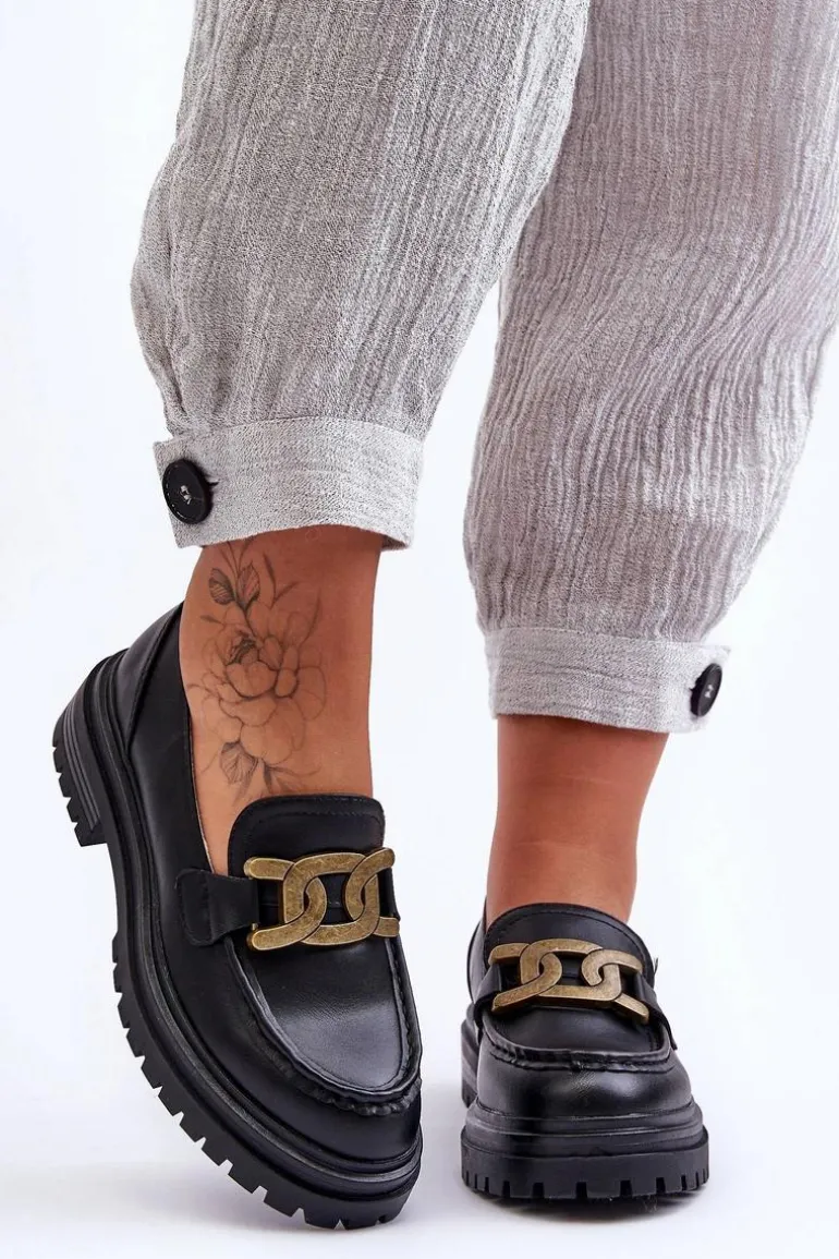 Mokasyny Damskie Na Platformie Z Ozdobą Czarne Ameg