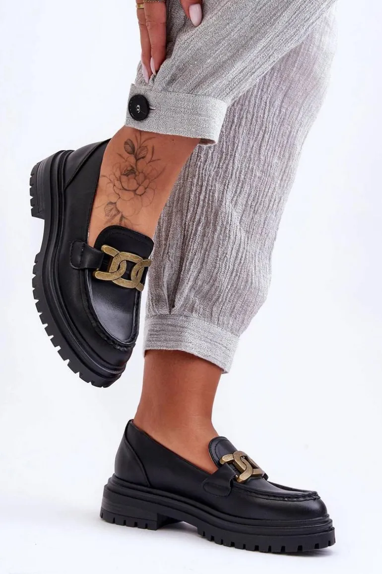 Mokasyny Damskie Na Platformie Z Ozdobą Czarne Ameg