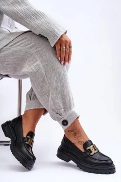 Mokasyny Damskie Na Platformie Z Ozdobą Czarne Ameg