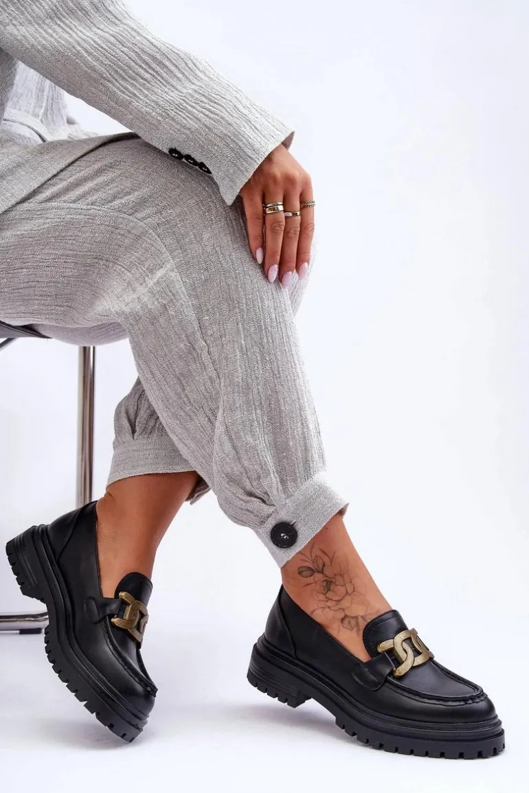 Mokasyny Damskie Na Platformie Z Ozdobą Czarne Ameg