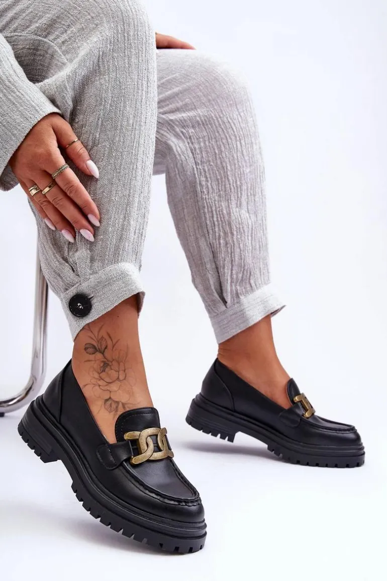 Mokasyny Damskie Na Platformie Z Ozdobą Czarne Ameg