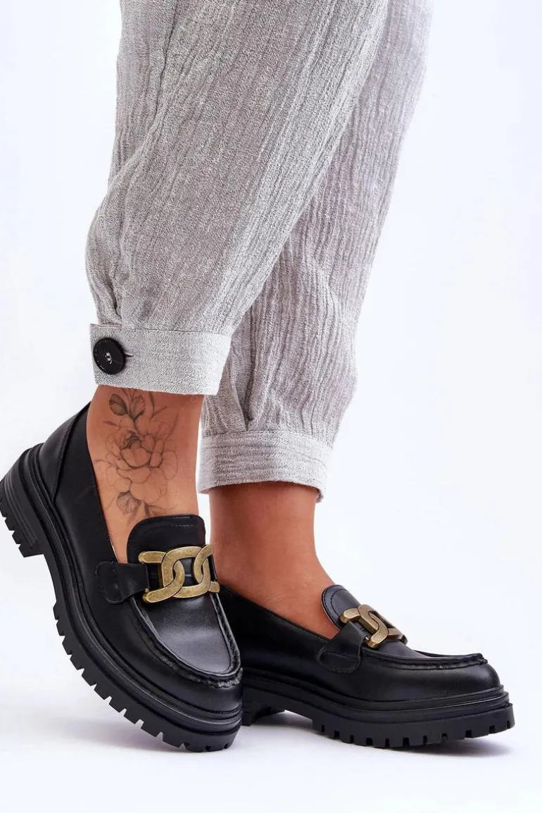 Mokasyny Damskie Na Platformie Z Ozdobą Czarne Ameg