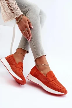 Mokasyny Damskie Na Platformie Eko Zamszowe Pomarańczowe Inesqua