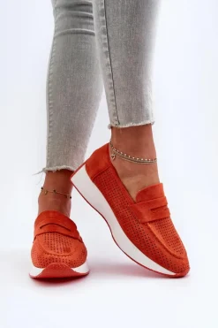 Mokasyny Damskie Na Platformie Eko Zamszowe Pomarańczowe Inesqua