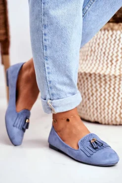 Mokasyny Damskie Niebieskie Lordsy Frędzle Therese