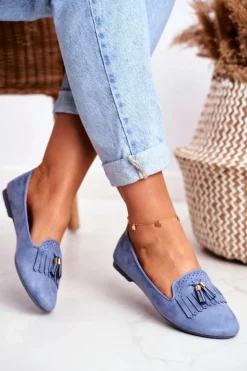 Mokasyny Damskie Niebieskie Lordsy Frędzle Therese