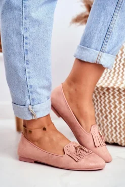 Mokasyny Damskie Różowe Lordsy Frędzle Therese