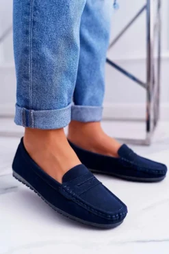 Mokasyny Damskie Skóra Zamszowa Granatowe Tenzion