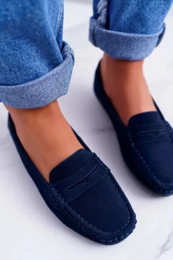 Mokasyny Damskie Skóra Zamszowa Granatowe Tenzion