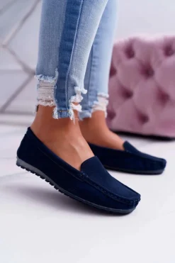 Mokasyny Damskie Skóra Zamszowa Granatowe Tenzion