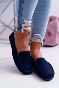 Mokasyny Damskie Skóra Zamszowa Granatowe Tenzion