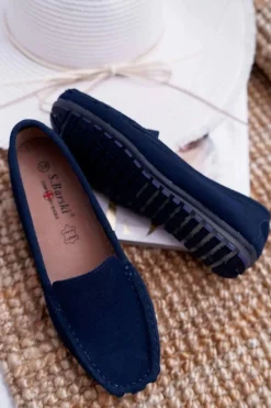 Mokasyny Damskie Skóra Zamszowa Granatowe Tenzion