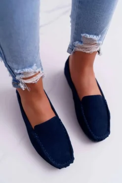 Mokasyny Damskie Skóra Zamszowa Granatowe Tenzion