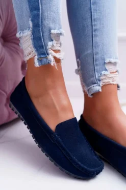 Mokasyny Damskie Skóra Zamszowa Granatowe Tenzion