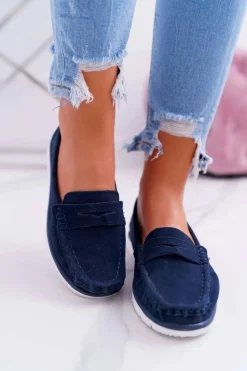 Mokasyny Damskie Skóra Zamszowa Granatowe Lauren