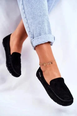 Mokasyny Damskie Skóra Zamsz Czarne Papito