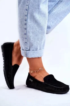 Mokasyny Damskie Skóra Zamsz Czarne Papito