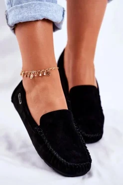 Mokasyny Damskie Skóra Zamsz Czarne Papito