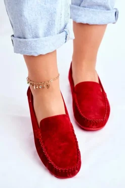 Mokasyny Damskie Skóra Zamsz Czerwone Papito