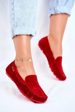 Mokasyny Damskie Skóra Zamsz Czerwone Papito