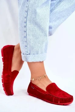 Mokasyny Damskie Skóra Zamsz Czerwone Papito