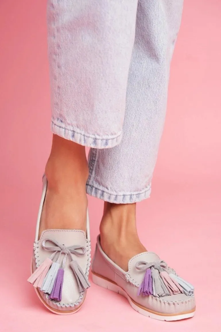 Mokasyny Damskie Skórzane Szare Bebbo