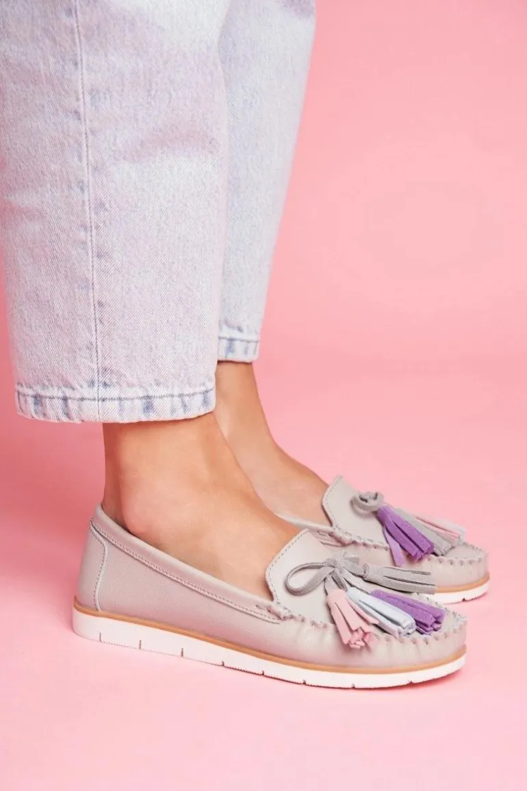 Mokasyny Damskie Skórzane Szare Bebbo