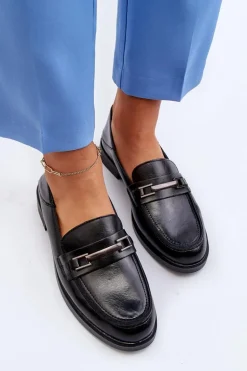 Mokasyny Damskie Skórzane Czarne Nurea