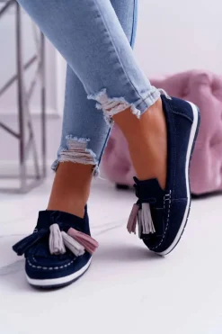 Mokasyny Damskie Skórzane Zamszowe Z Frędzlami Granatowe Batist