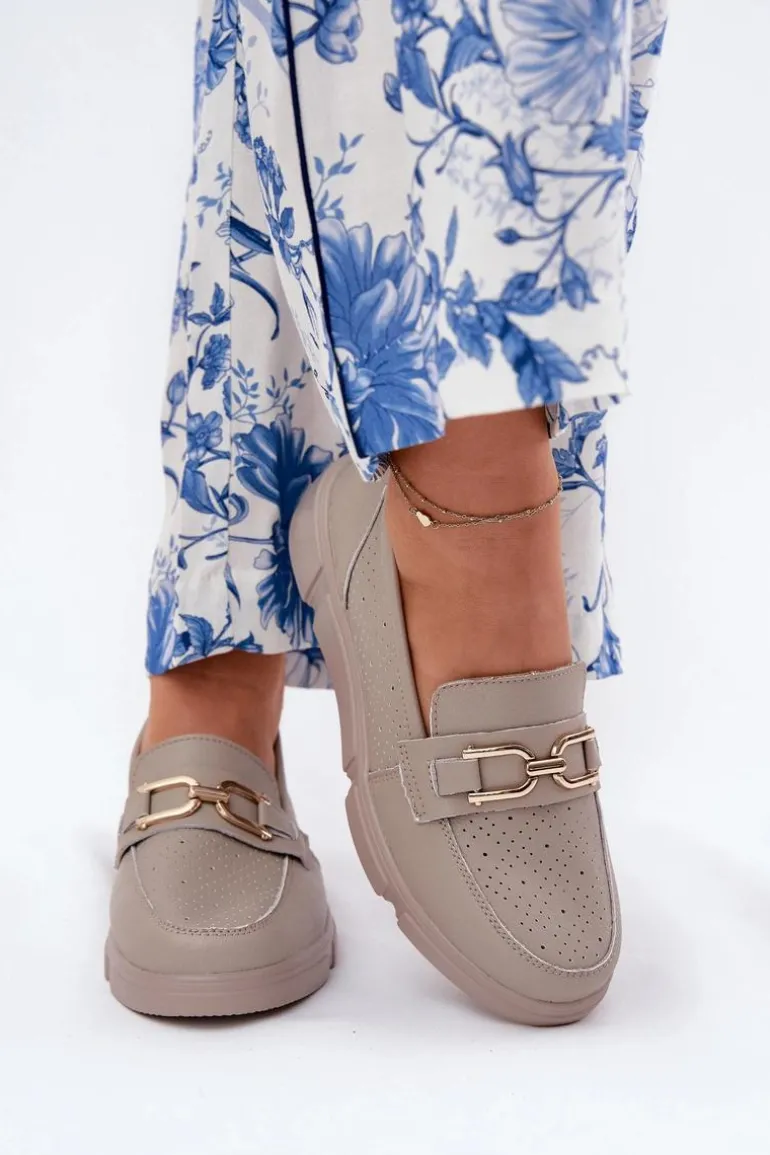 Mokasyny Damskie Skórzane Ze Złotym Detalem Vinceza 88007 Ciemnobeżowe