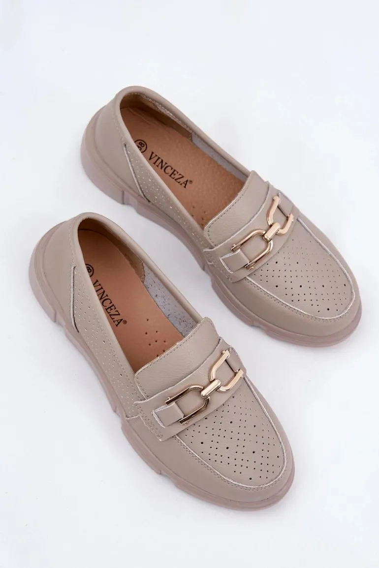 Mokasyny Damskie Skórzane Ze Złotym Detalem Vinceza 88007 Ciemnobeżowe
