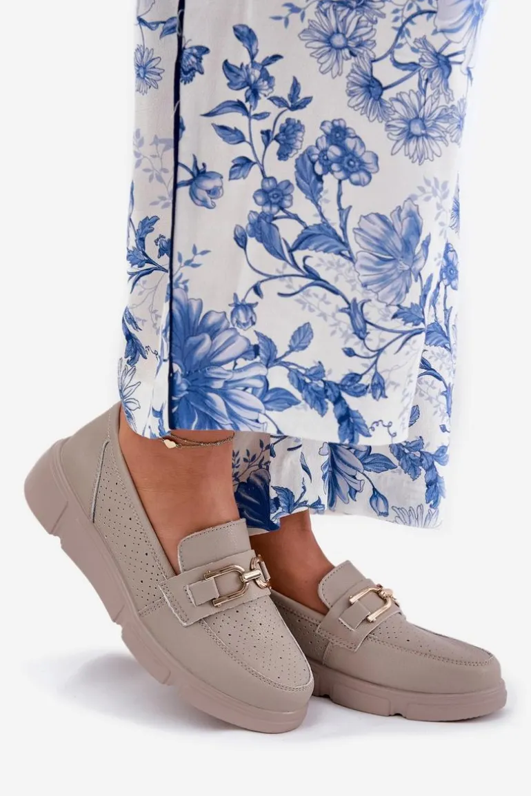 Mokasyny Damskie Skórzane Ze Złotym Detalem Vinceza 88007 Ciemnobeżowe